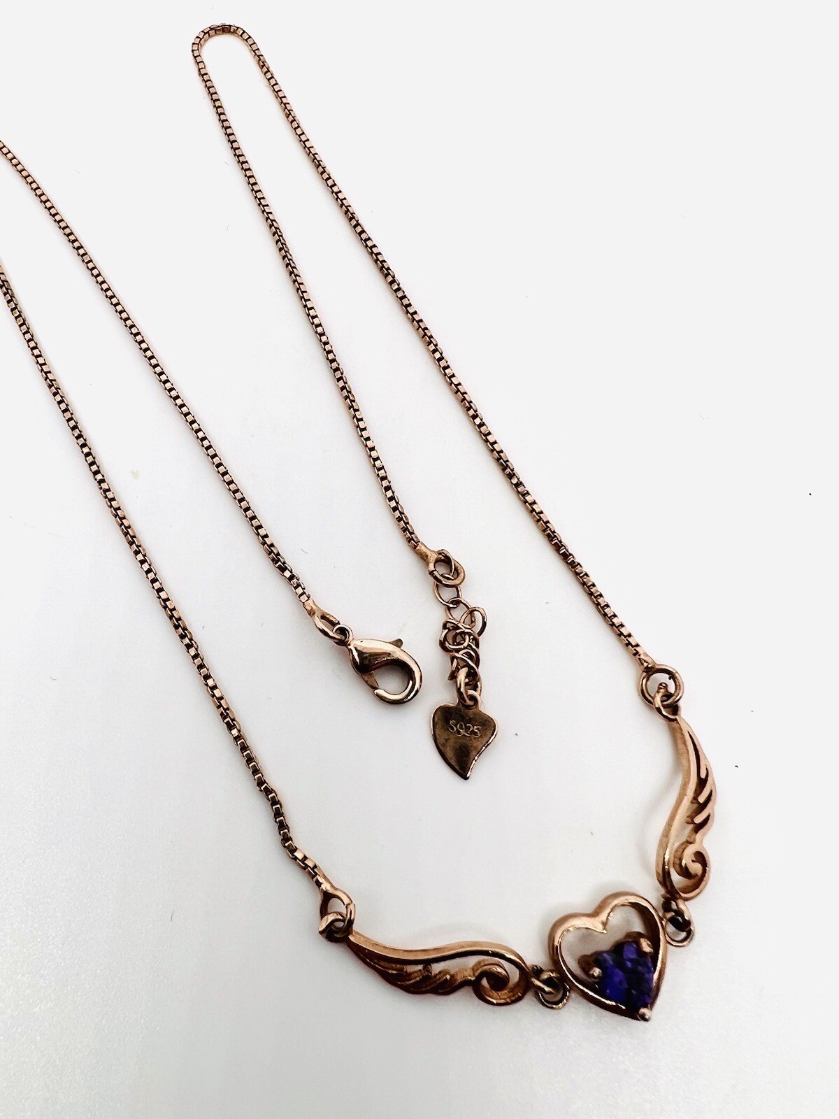 Sterling Silver Rose Gold Vermeil Amethyst Heart & Wings Necklace 18 Inch