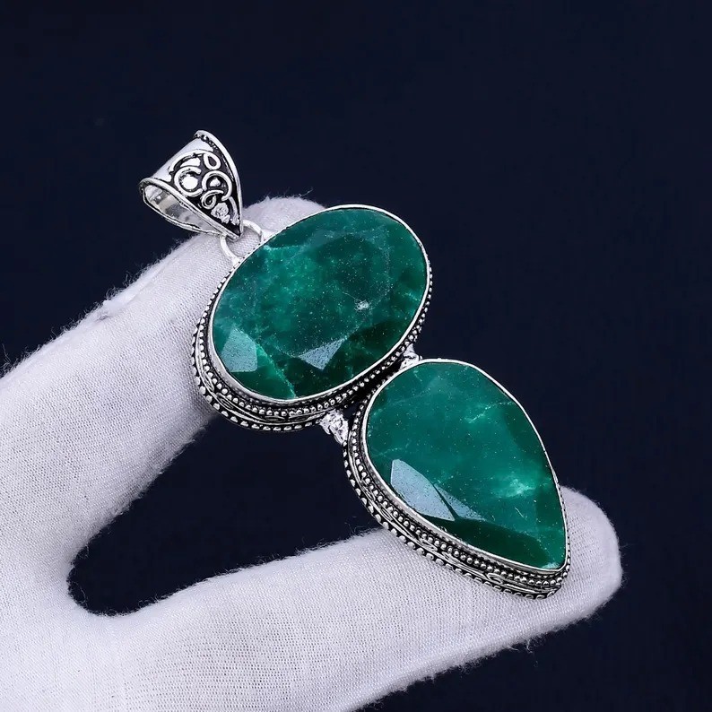 Emerald Gemstone Drop Pendant 925 Sterling Silver Handmade Jewelry For Gift