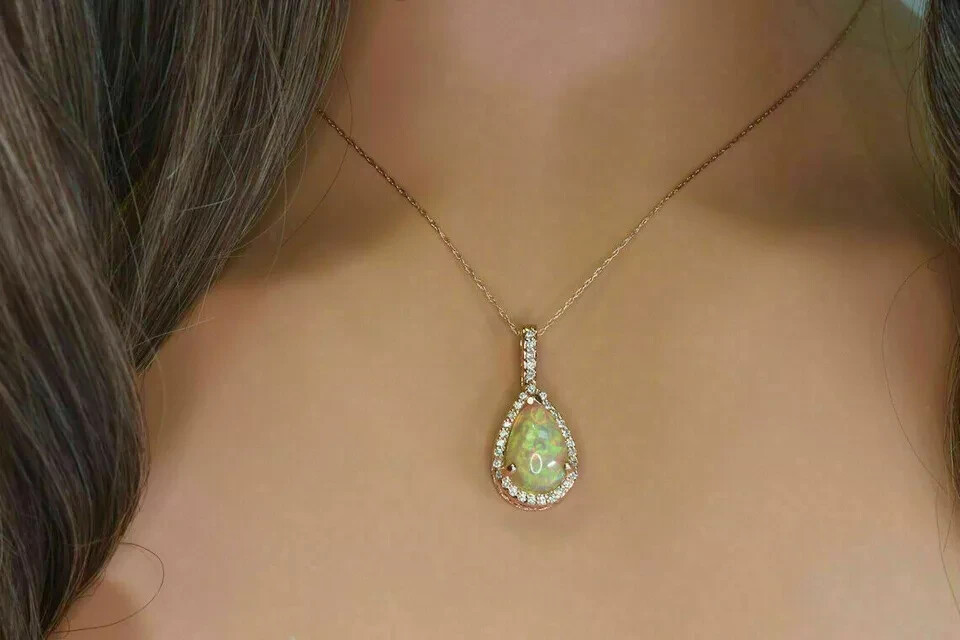3Ct Pear Cut Fire Opal Halo Women’s Pendant Free Chain 14K White Gold Finish