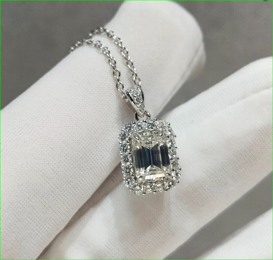 2.00Ct Lab Created Diamond Emerald Halo Pendant 14K White Gold Plated Free Chain