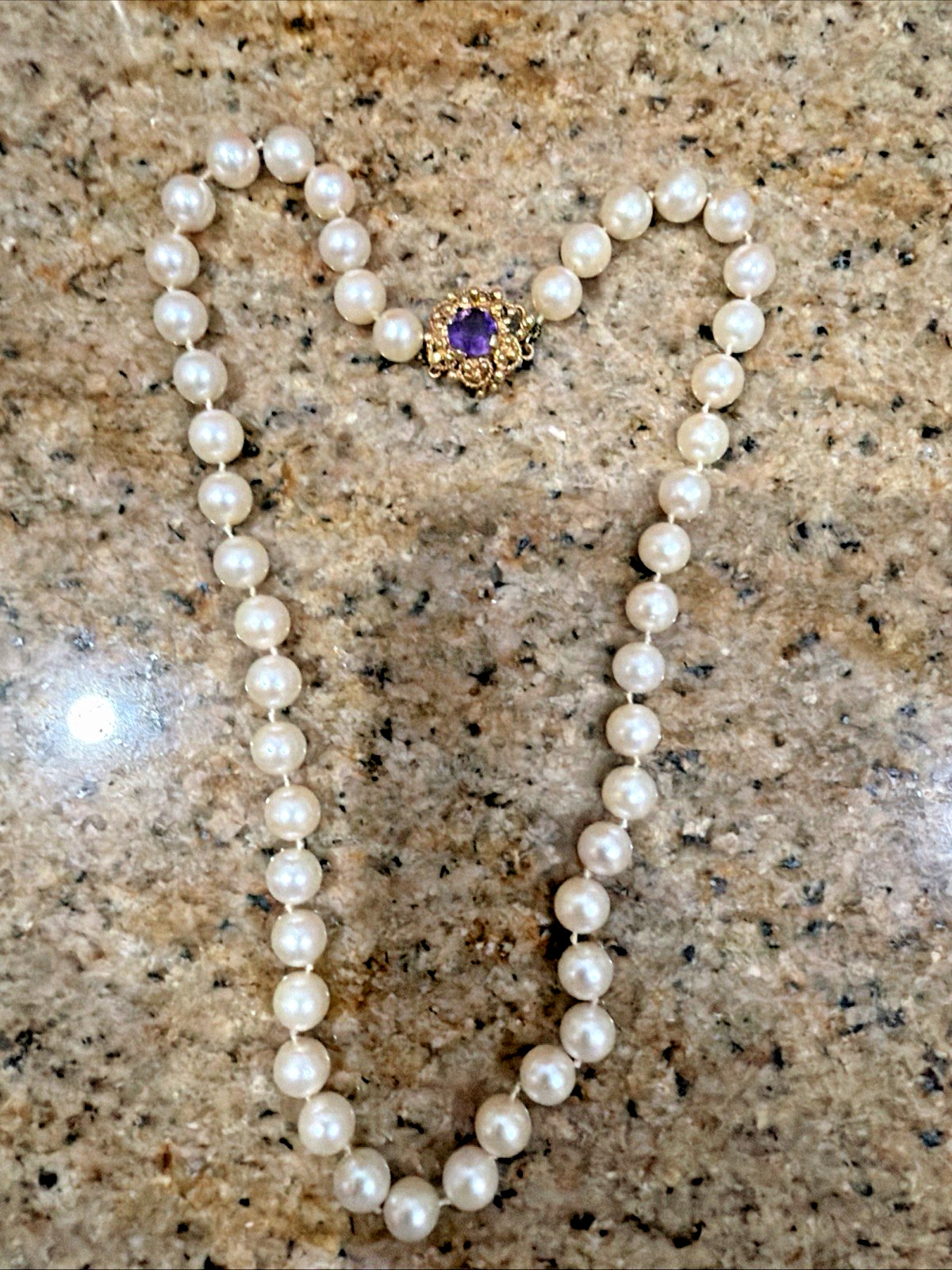 Saltwater Pearls Strand With 14 Karat Gold Amethyst Clasp Vintage Jewelry Nice