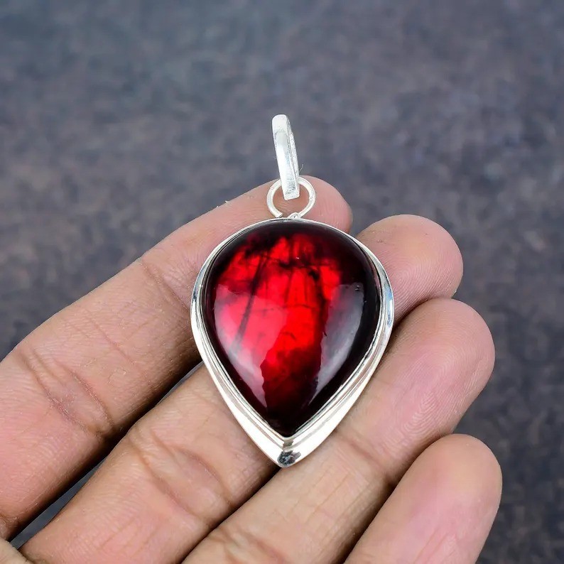 Red Labradorite Pear Gemstone Pendant 925 Sterling Silver Handmade Jewelry