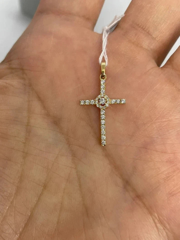 1.00Ct Round Cut Real Moissanite Women’s Cross Pendant 14K Yellow Gold Plated