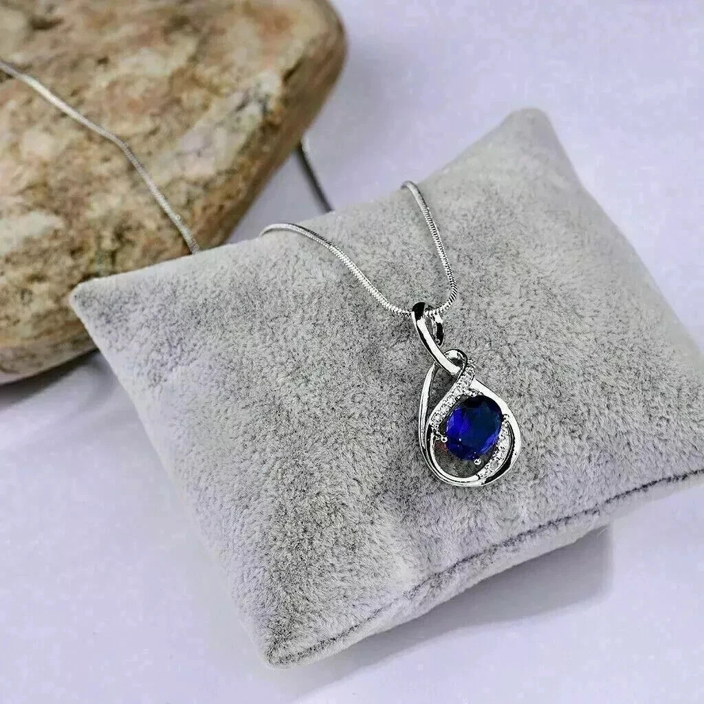Oval Cut Lab Created Blue Sapphire Fancy Pendant Necklace 14K White Gold Plated