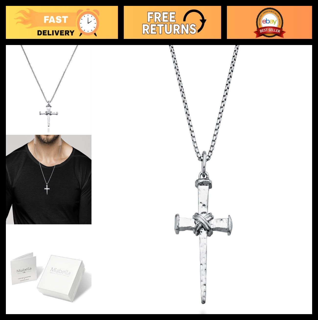 Italian Rope Wrap Nail Cross Pendant Necklace, 925 Sterling Silver, Box Chain