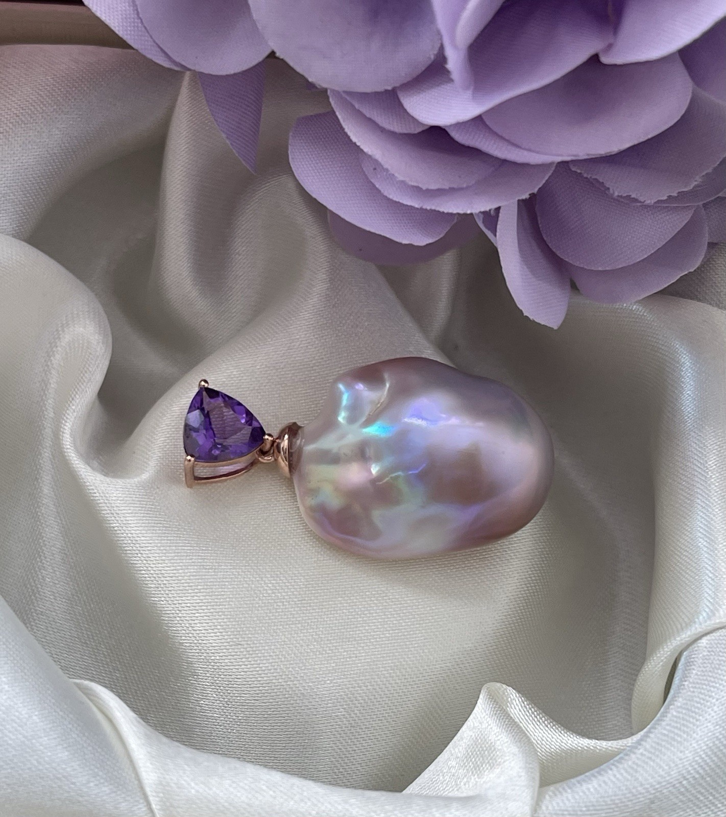 New 9ct Rose Gold Genuine Natural Colored Baroque Pearl Pendant With Amethyst