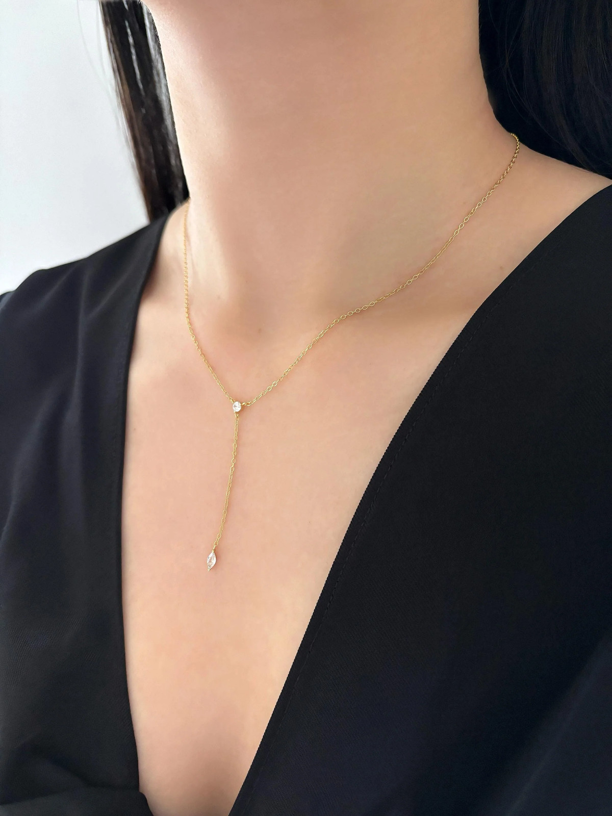14K Gold Plated S925 Sterling Silver Zircon Pendant Y Lariat Clavicle Necklace