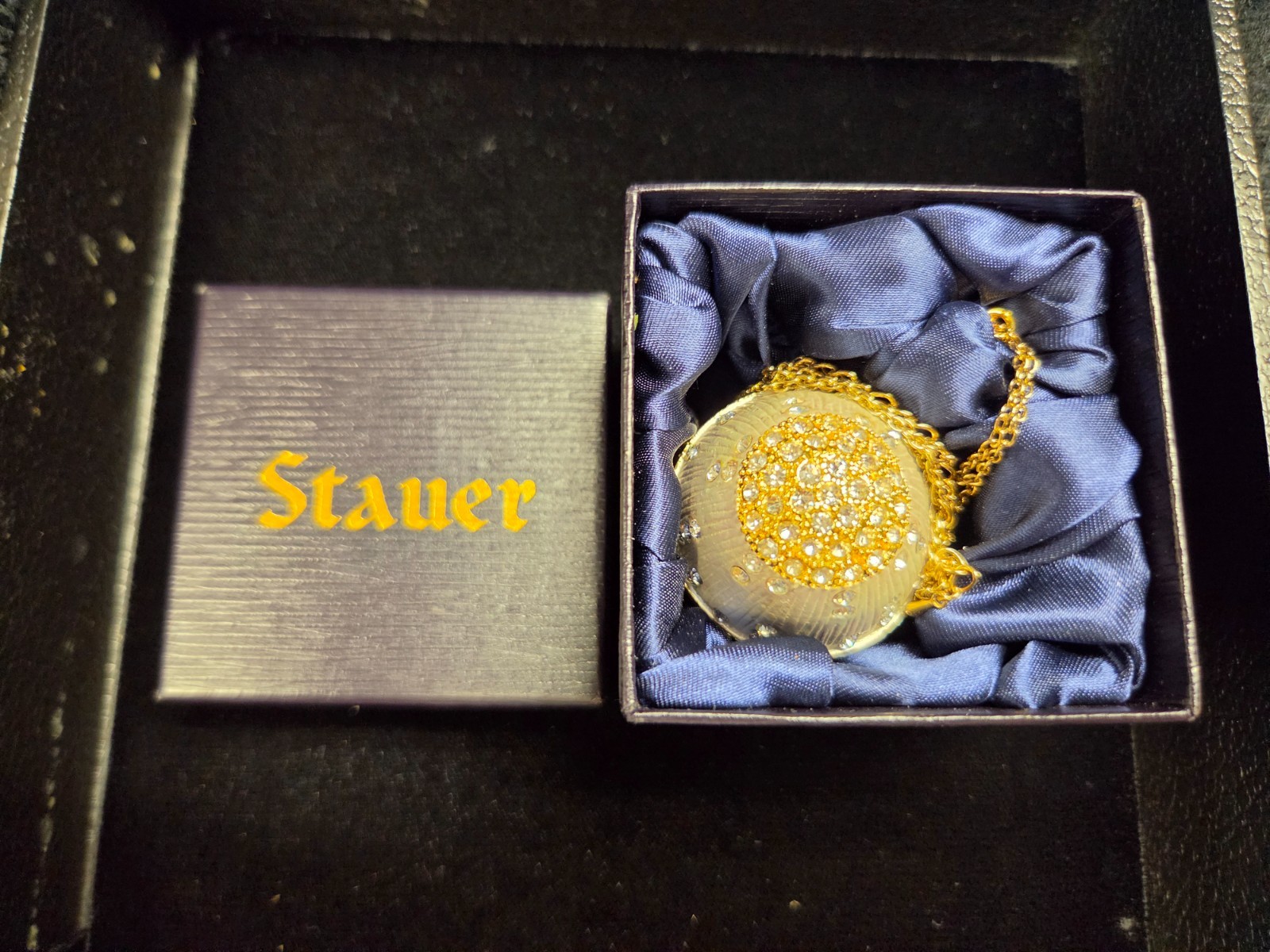 Stauer Egg Silver with Gold Gems in silk lines box with matching egg pendent