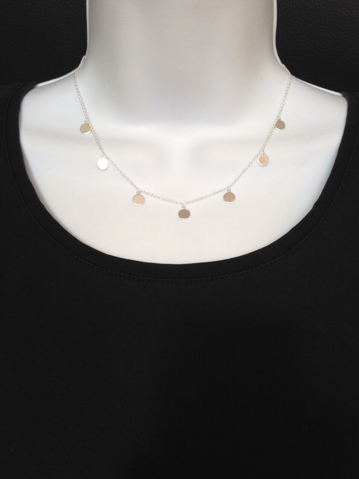 Plain Silver Disc Charm Station Choker Necklace 925 Sterling Silver 5.5mm 15.75″