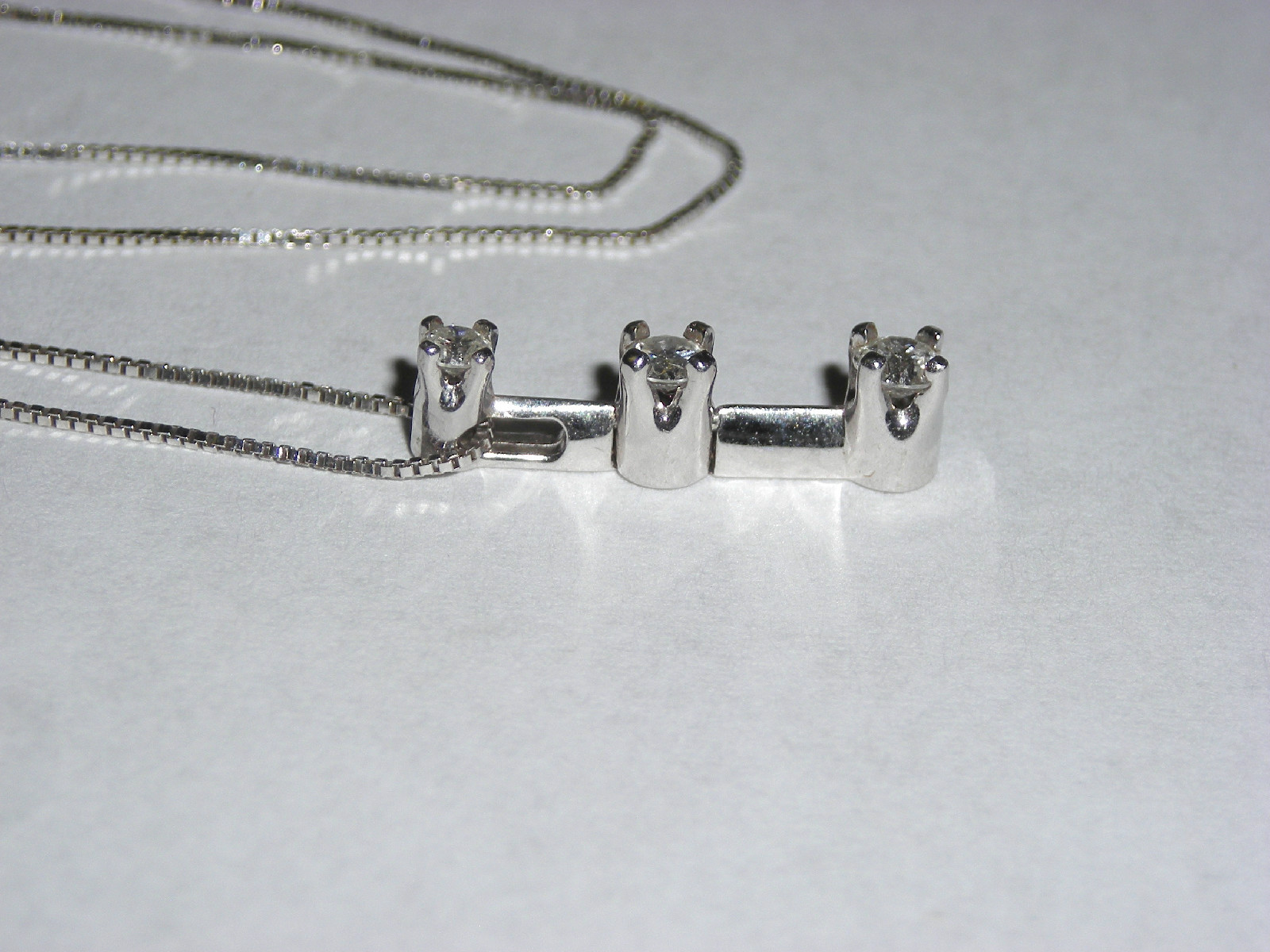 14K White Gold 3 Diamond Pendant Necklace Past Present & Future Approx 1/4 Carat