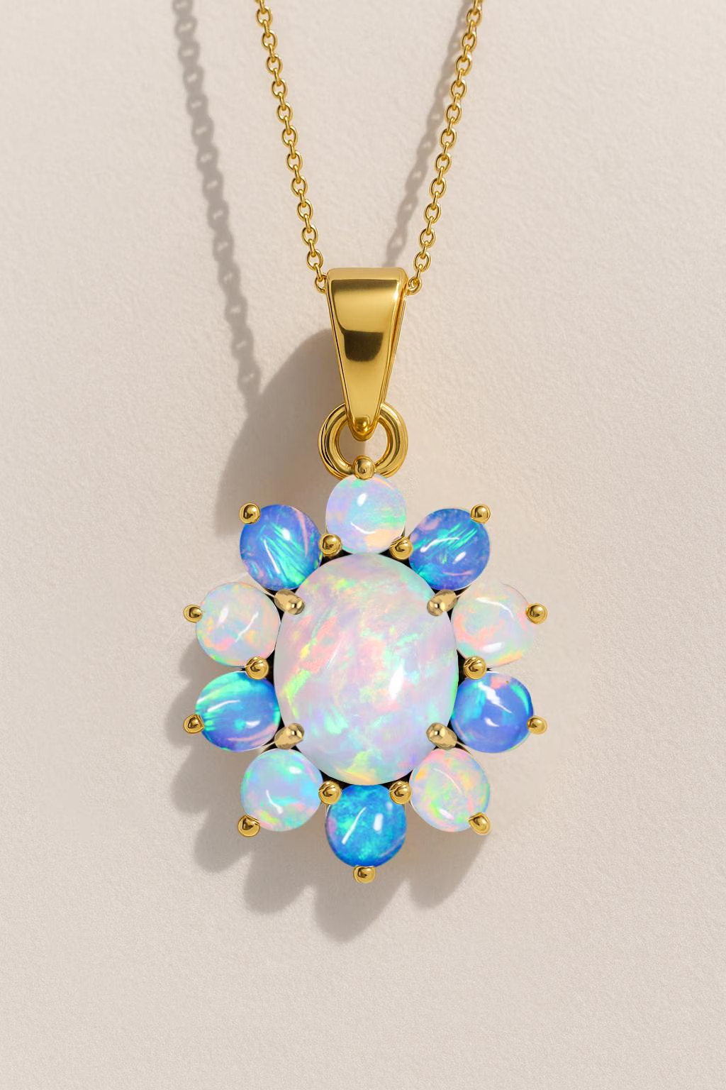 Natural White and Blue Opal Gemstone Pendant Necklace, Multifire Opal Gemstone