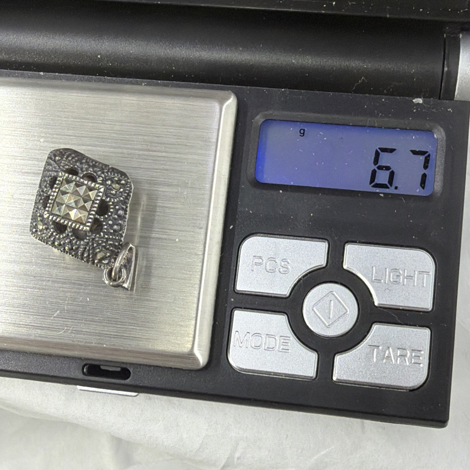 Vintage Look Sterling Silver 925 Marcasite Diamond Shaped Locket Pendant 1.25”