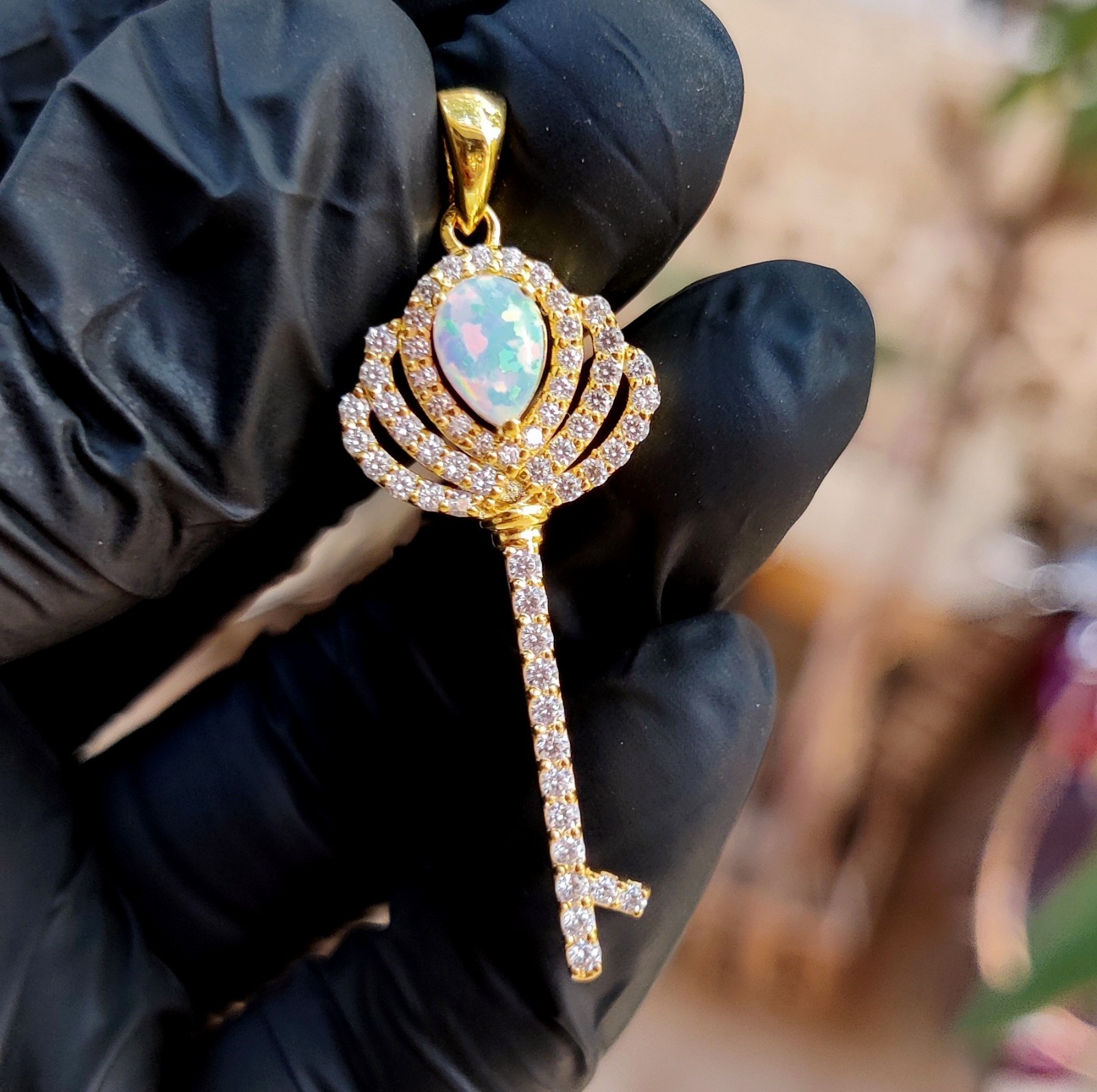 2Ct Pear Cut Lab Created Fire Opal Key Pendant 14K Yellow Gold Plated 925 Silver