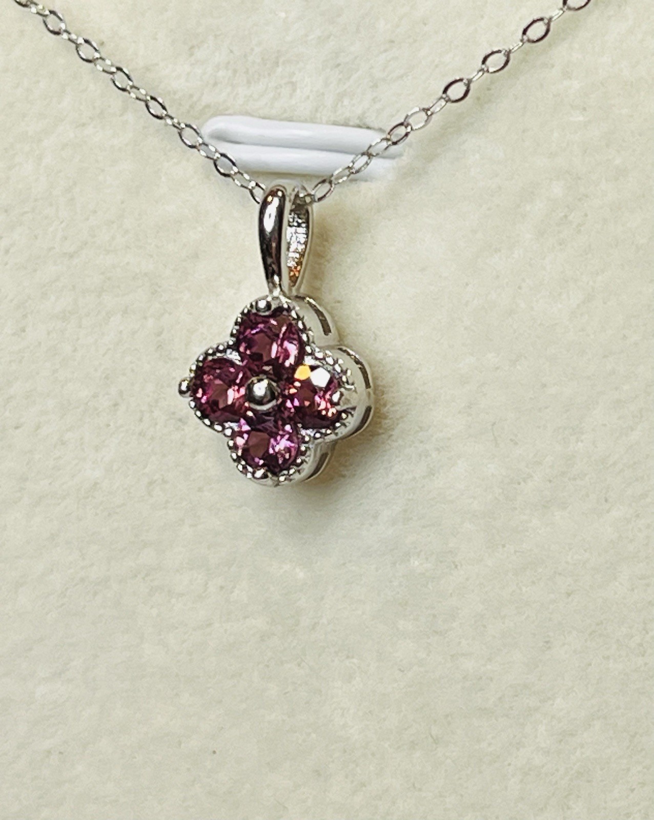 Real 925 Sterling Silver Natural Rhodolite Purple Garnet Clover Pendant Necklace
