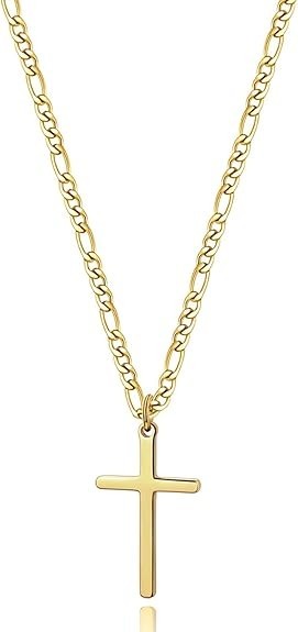Elegant 14K Gold Filled Cross Necklace with Figaro Chain – Unisex Design
