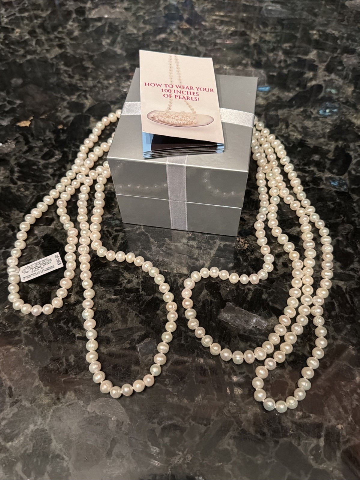 100” Freshwater White Pearl Necklace Endless Strand Genuine 7mm Orig. NWT $500