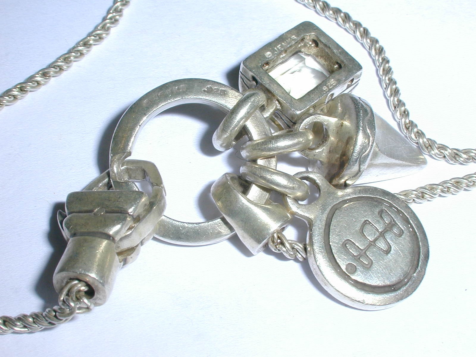 LISA JENKS MODERNIST STERLING 3 DANGLE LONG NECKLACE W/RING & CITRINE STONE- 24″