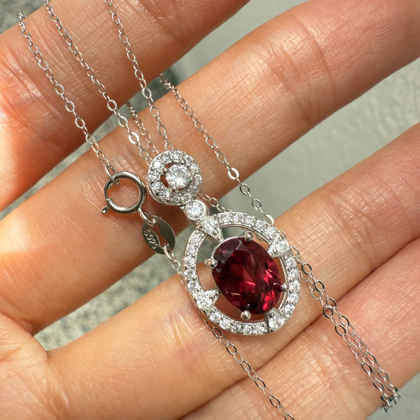 925 Sterling Silver Necklace 8x6mm Natural Garnet Zircon Flower Handmade Chain