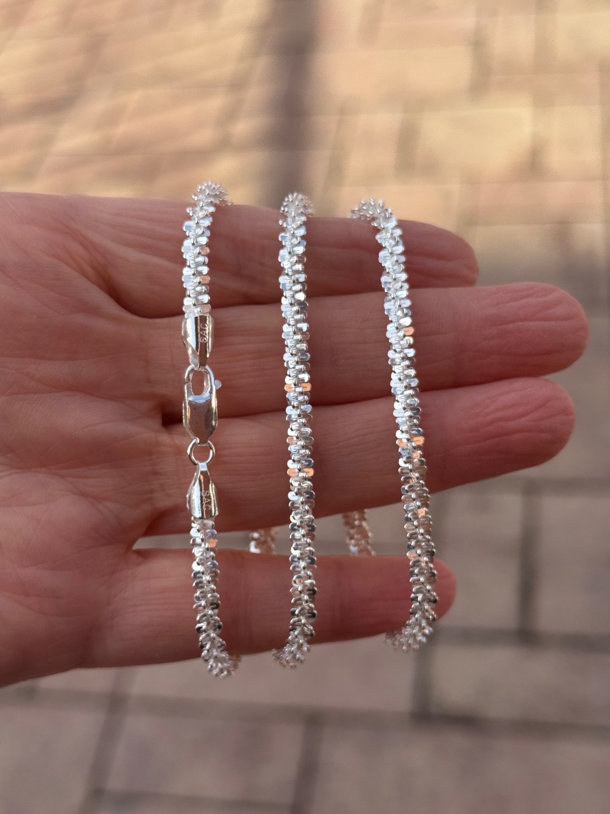 925 Sterling Silver ( 4.6MM) Thick Margarita Criss Cross Rock Sparkle Chain