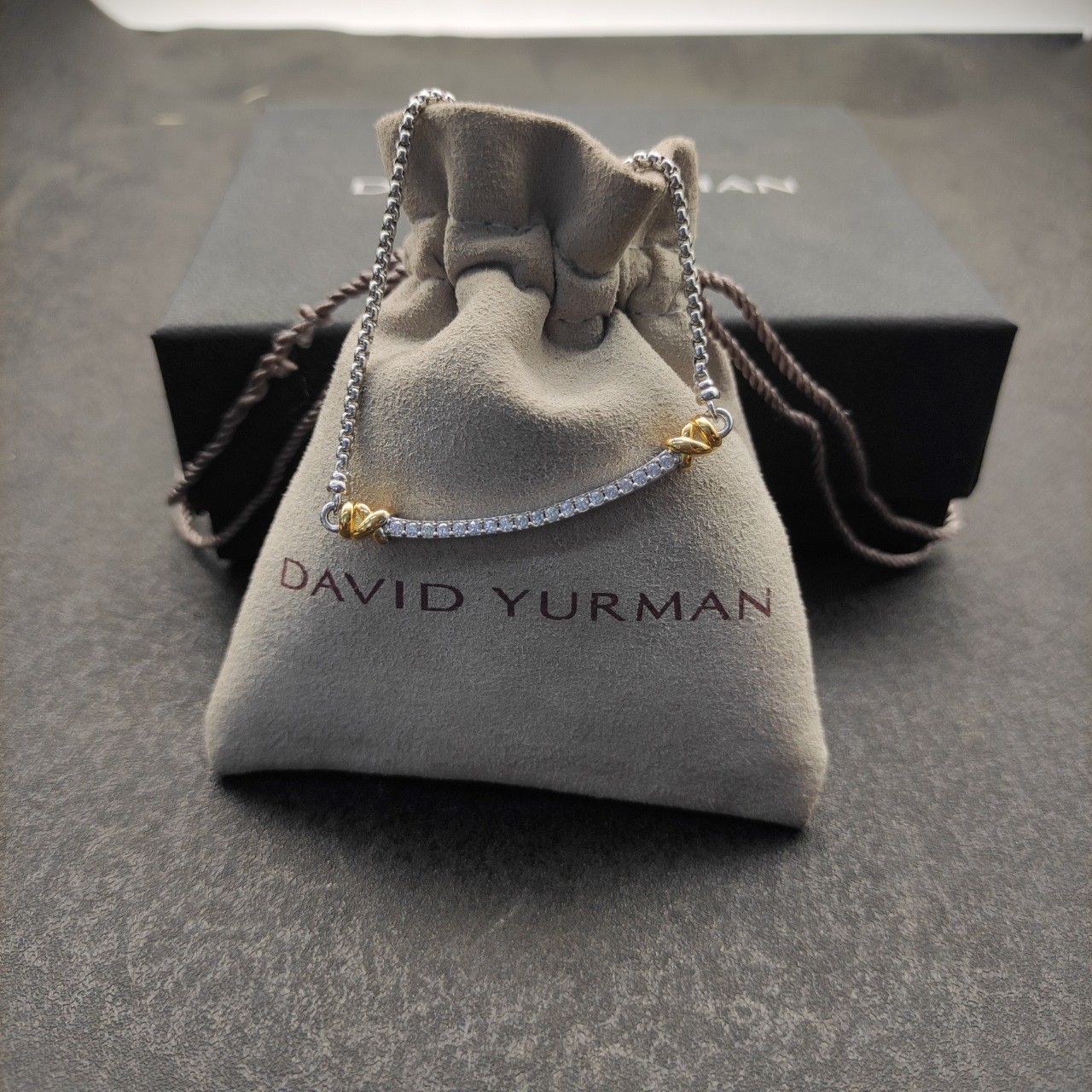 David Yurman Two Tone Crossover Bar Pendant 925 Silver 18K Gold Pave Diamond 55