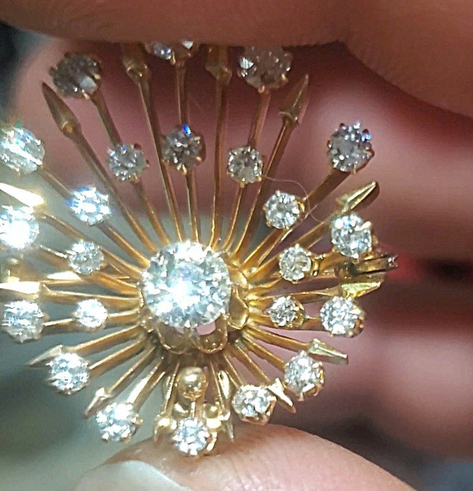 Vintage Natural Diamond Sunburst Brooch Pin Pendant Yellow Gold