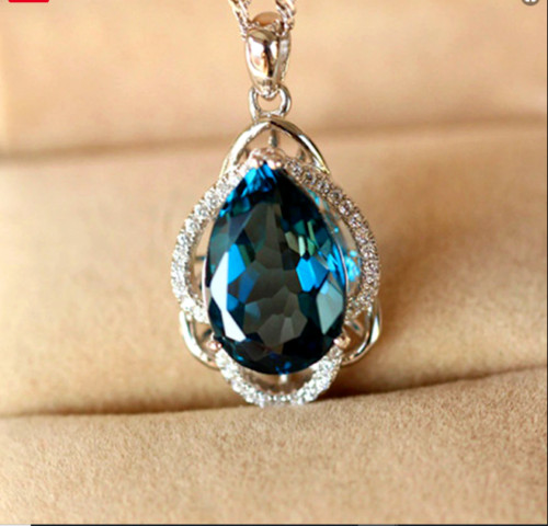 3 Ct Pear Cut London Blue Topaz Halo Pendant 14k White Gold Finish Free Chain