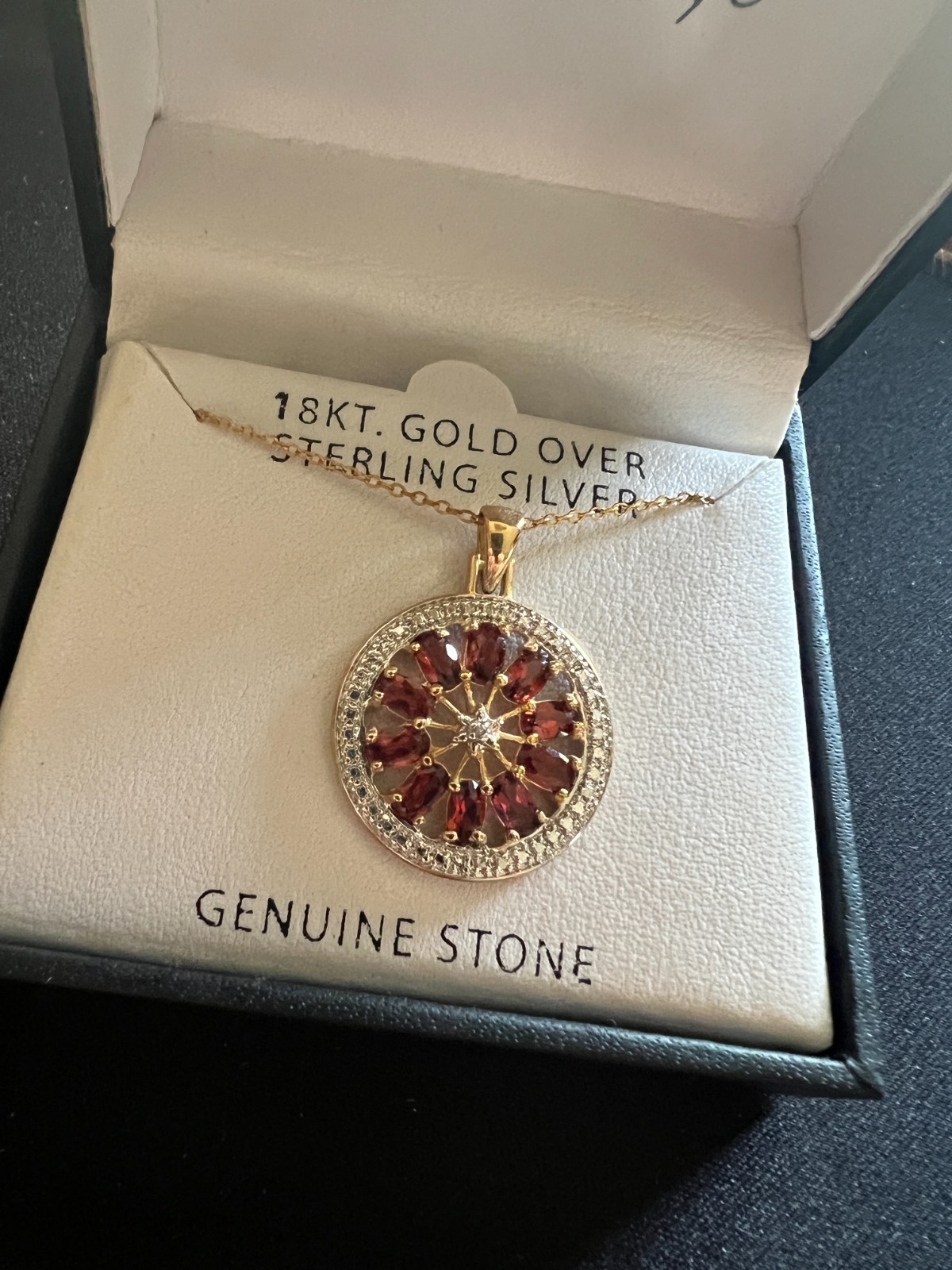 925 Sterling Silver Oval Garnets Diamond Accent Round Pendant & Necklace