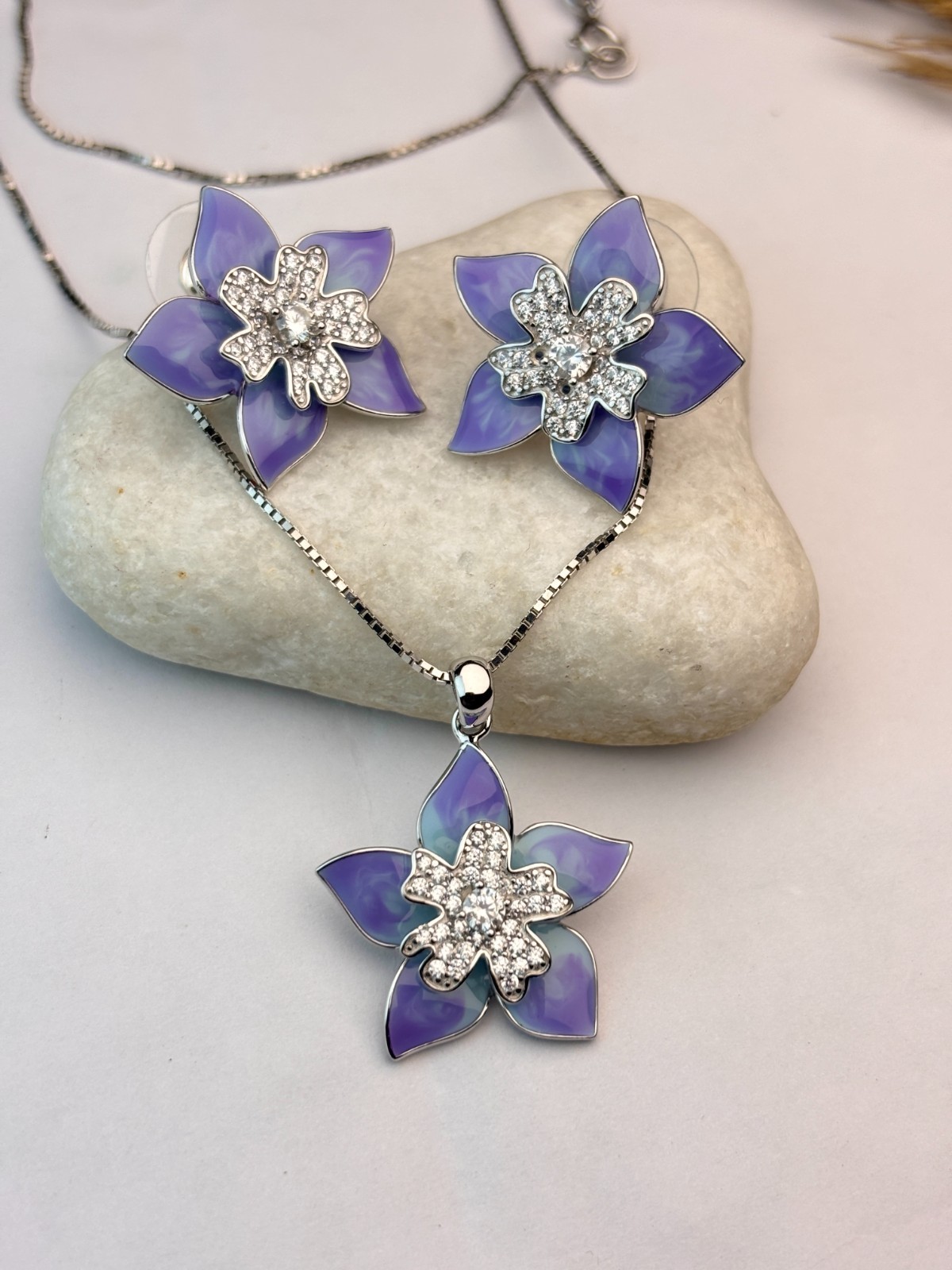 925 Silver Purple Flower P.set without chain CZ Enamel Floral For Women
