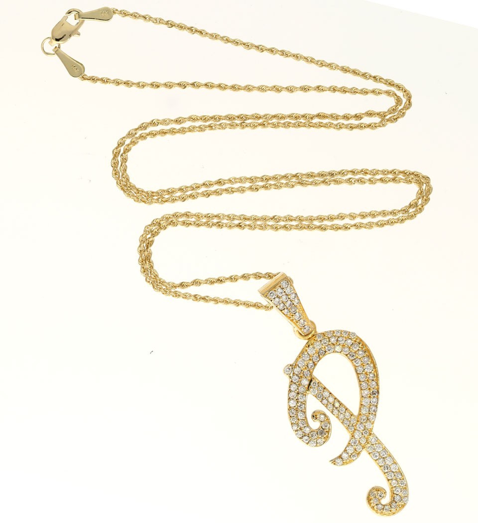 Natural Diamond Large Initial P Pendant Necklace 1.20CT 14K YG 20.5” Chain