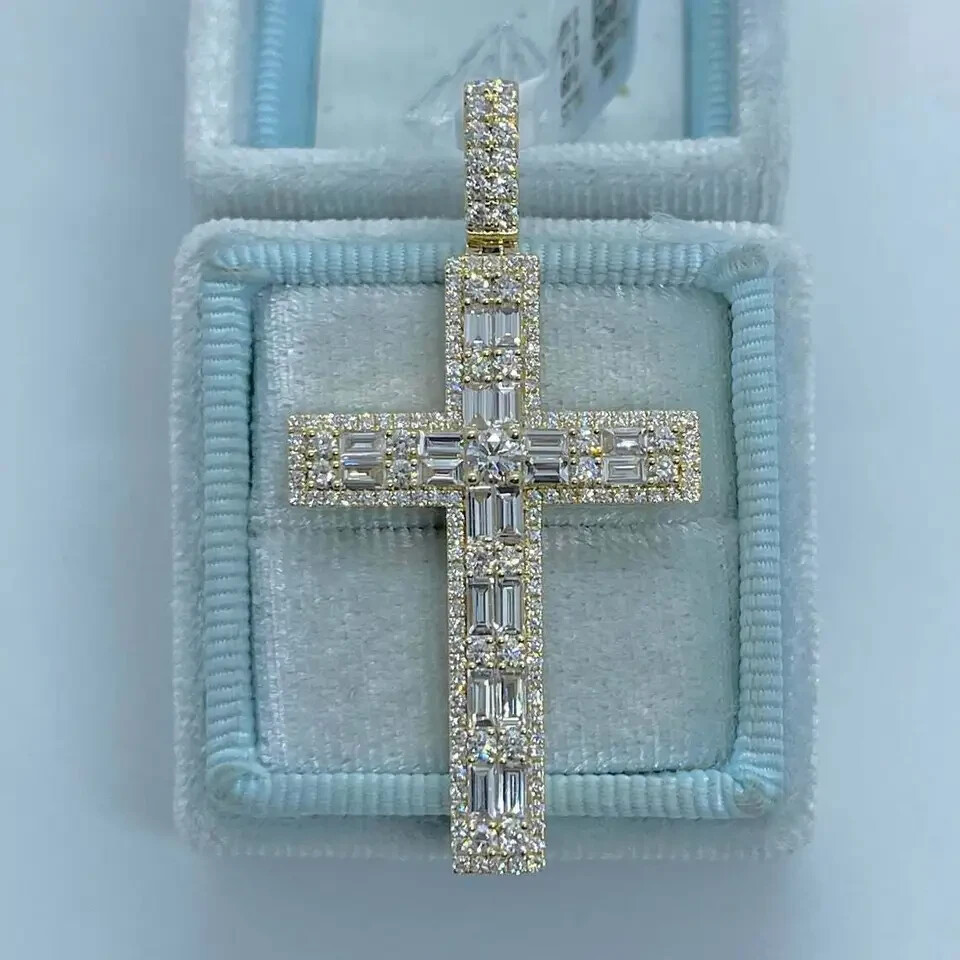 3Ct Baguette Cut VVS1 Diamond New Cross Pendant 14K Yellow Gold Over Free Chain