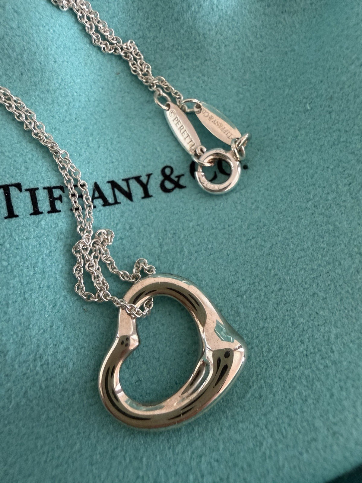 Tiffany & Co. Elsa Peretti 11mm Open Heart Pendant Necklace Sterling Silver 16″