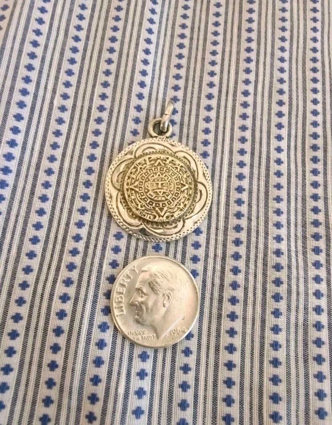 Vintage Mexico Mixed Metal 10k Gold Sterling Silver Aztec Mayan Calendar Pendant