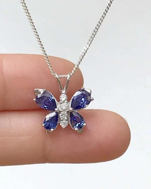Pear Cut Lab Created Blue Sapphire Women Butterfly Pendant 14k White Gold Plated