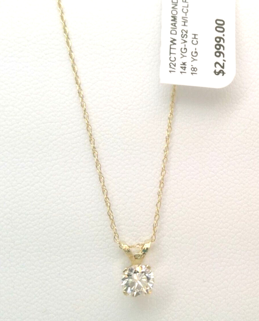 $3000 REAL GENUINE Diamond SOLITAIRE PENDANT NECKLACE 14k yellow Gold SOLID! 18′