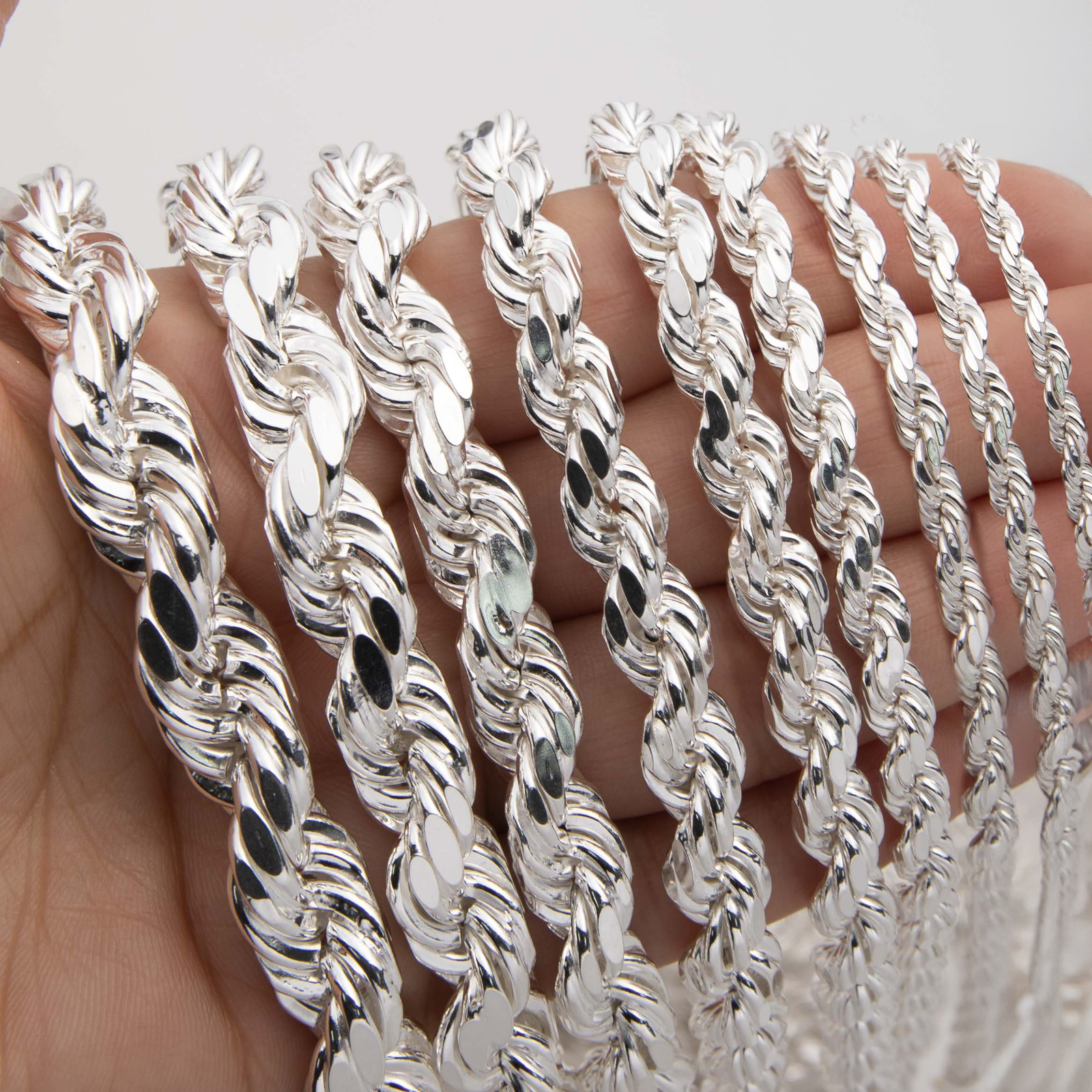 Diamond-Cut Rope Chain Necklace Real 925 Sterling Silver All Sizes