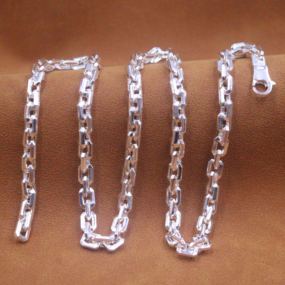 Real S925 Sterling Silver Chain Men 6mm Square Cable Link Necklace 22inch L