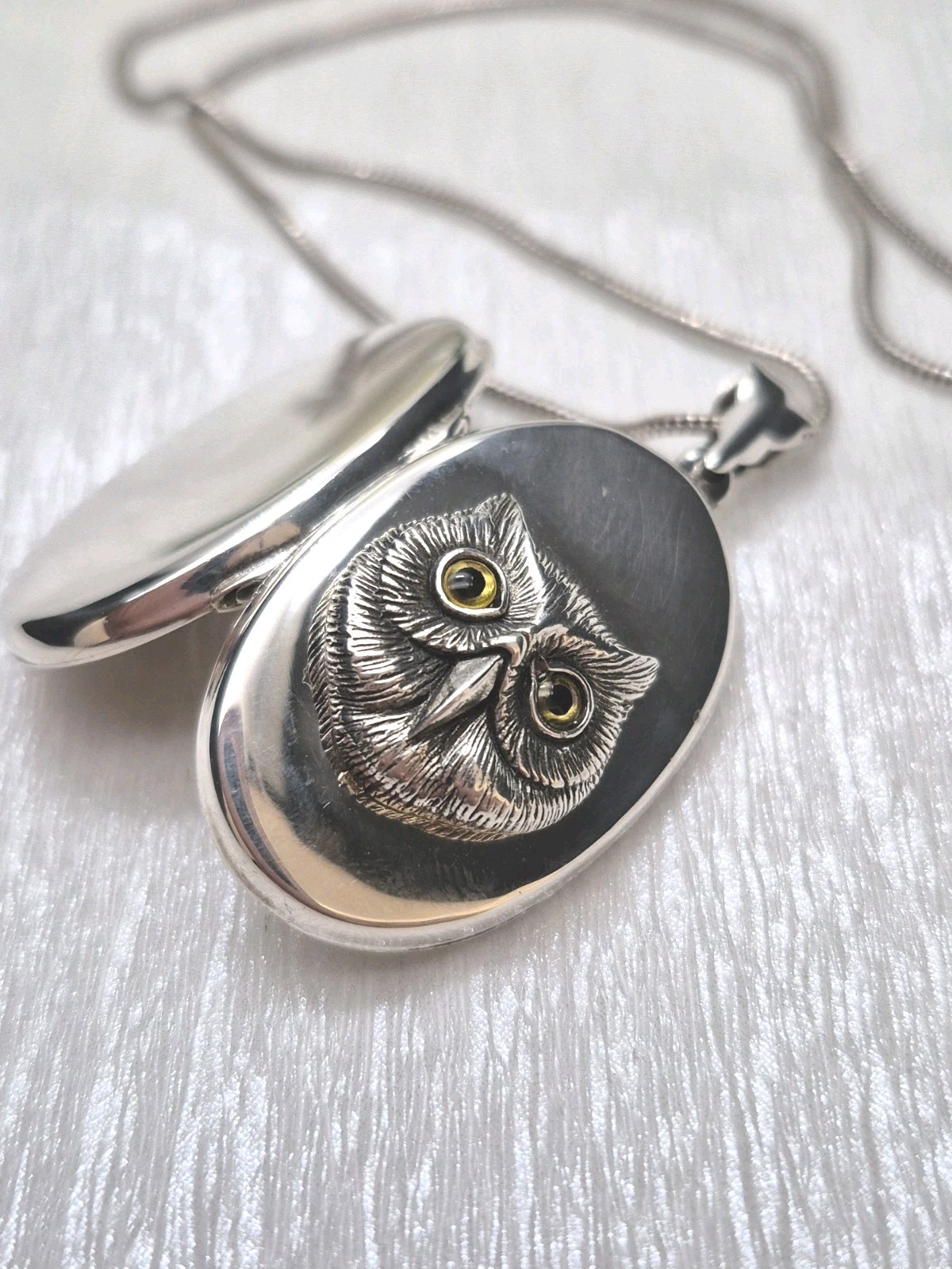 LOCKET – Sterling Silver Oval Photo Locket. Owl Design. Pendant and Chain.