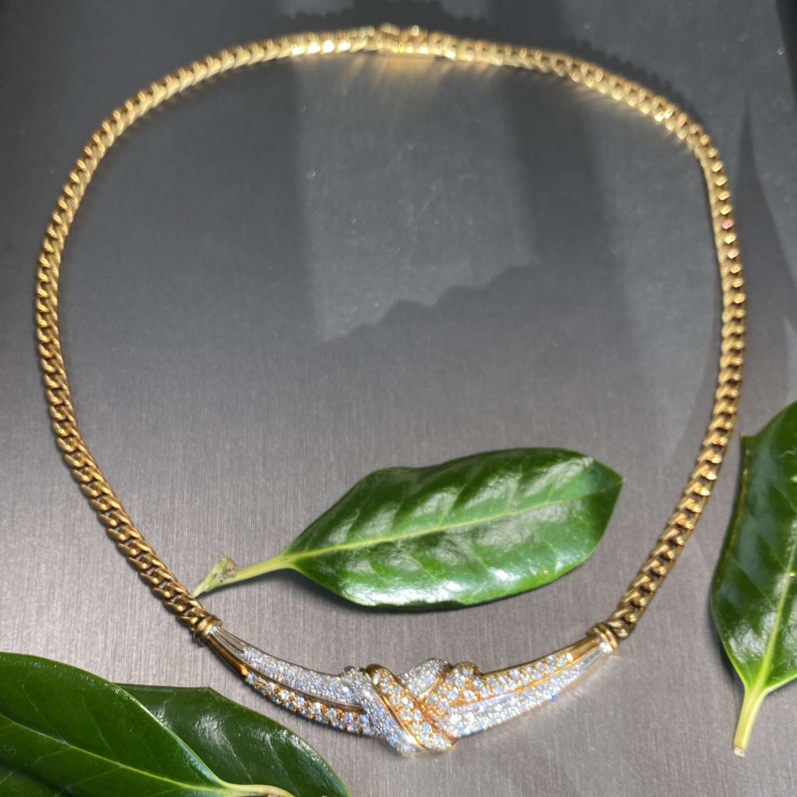 18K Yellow White Gold Diamond Love Knot X Crescent Vintage Cuban Chain Necklace