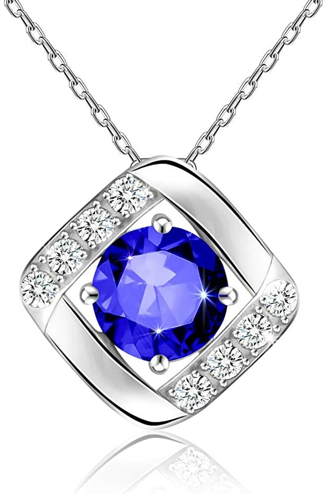 GORGEOUS 14k White Gold Sapphire Pendant Necklace Women Chain Anniversary Plated
