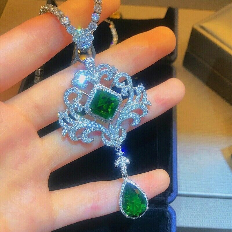 2.00Ct Lab Created Diamond Asscher Green Emerald Pendant 14K White Gold Finish