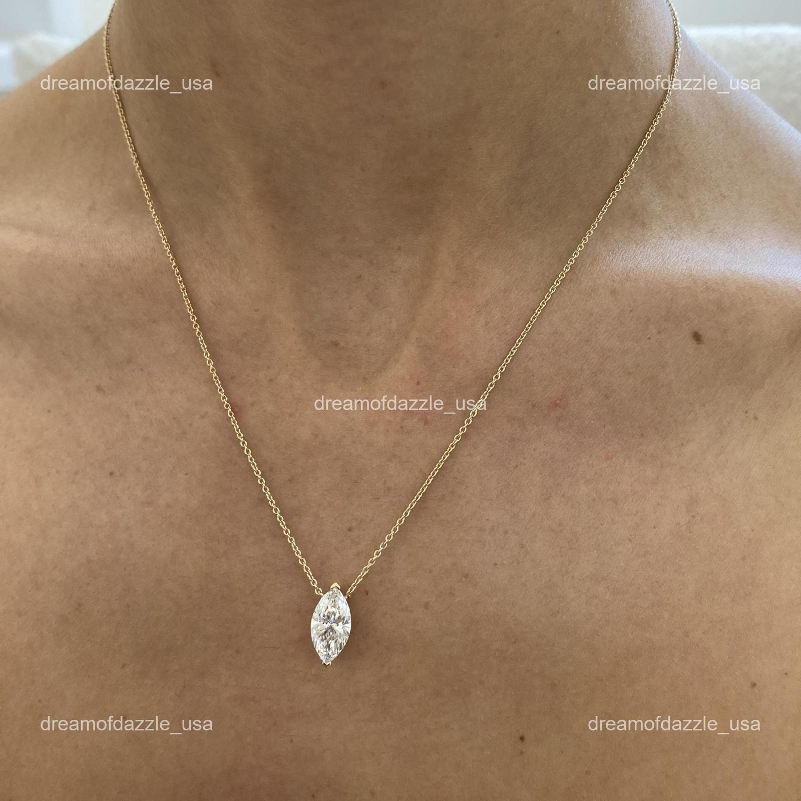 14K Solid Yellow Gold Marquise Lab Grown Diamond Birthday Chain Necklace Jewelry