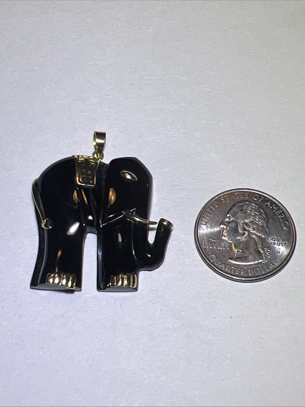 Great Extra Large Solid 14K Gold Black Onyx Elephant Pendant