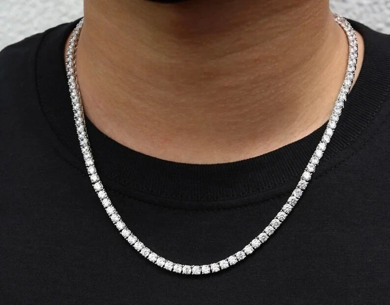 RARE 55Ct, 5mm White Diamond Men’s Tennis Necklace-FREE Shipping ! 26 inches