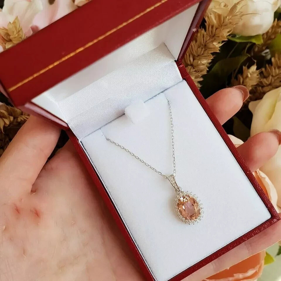 3 Carat Halo Morganite & Diamond Pendant With Free Chain 14K White Gold Finish