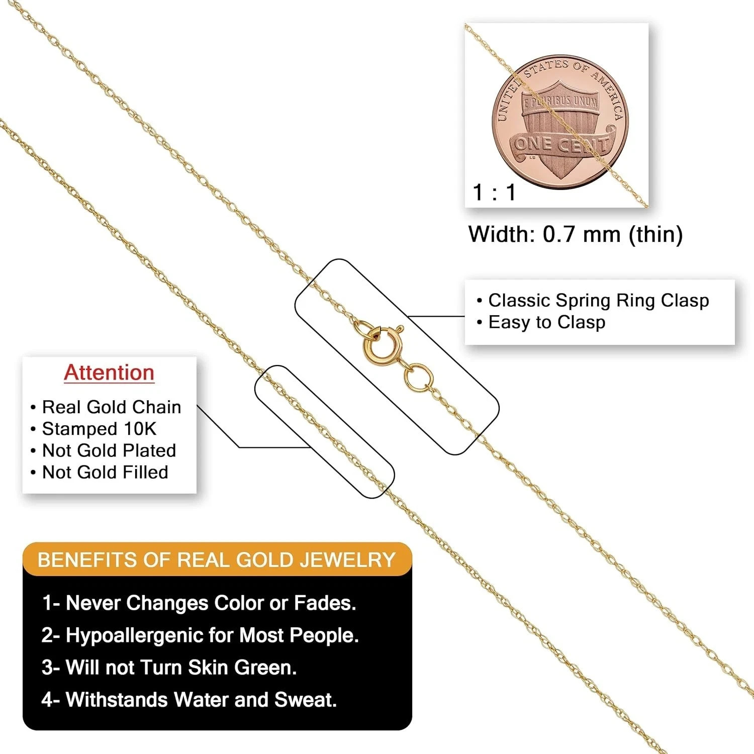 Womens Classic Rope Chain – 10K Yellow Gold Barely-There Necklace, Thin Lightwei