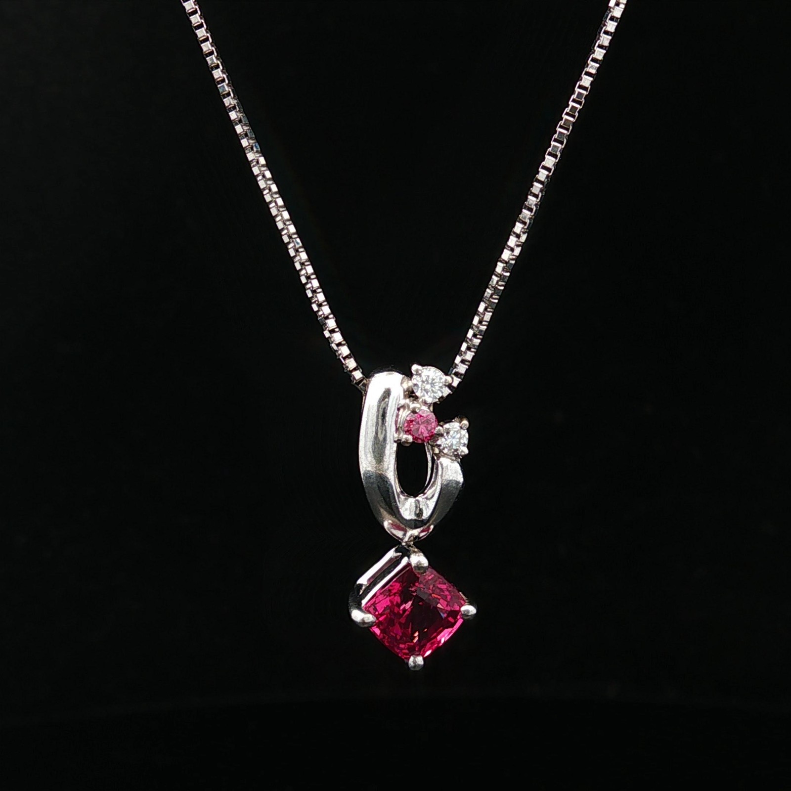 18k Gold & Platinum Pink Spinel Diamond Drop Pendant Adjustable Chain Necklace