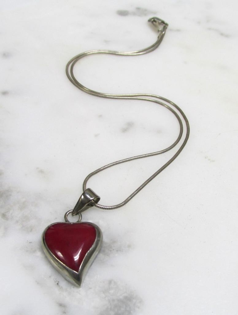 ATI Red Jasper Heart Sterling Silver Pendant w/ 16″ Snake Chain ~ 10.5g ~ 1-A125