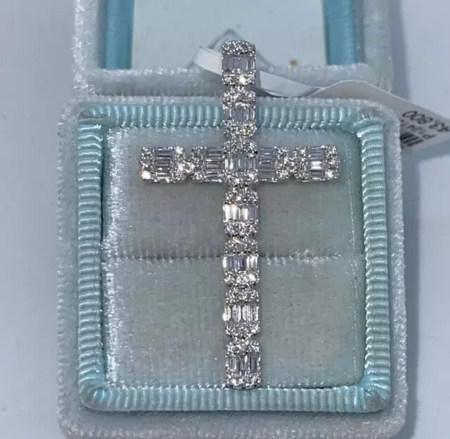 2Ct Baguette Simulated Diamond Men’s Cross Pendant 14K White Gold Plated Silver