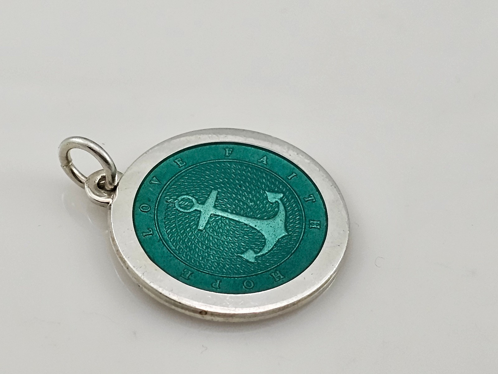 Anchor Hope Love Faith Dark Green Enamel 925 Sterling Silver Pendant 27mm