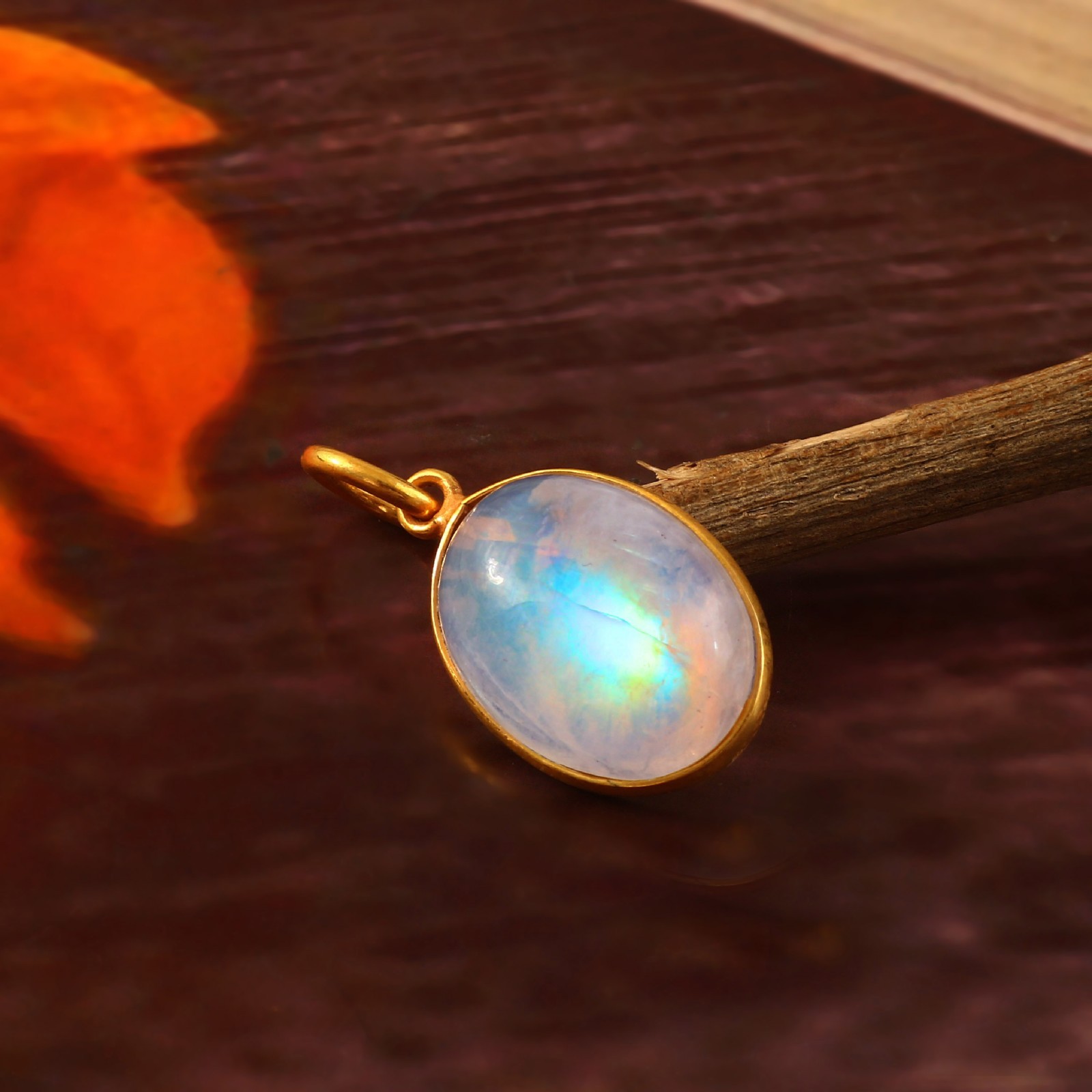 Genuine Moonstone Cabochon Pendant 14K Solid Gold Minimalist Charm 3110